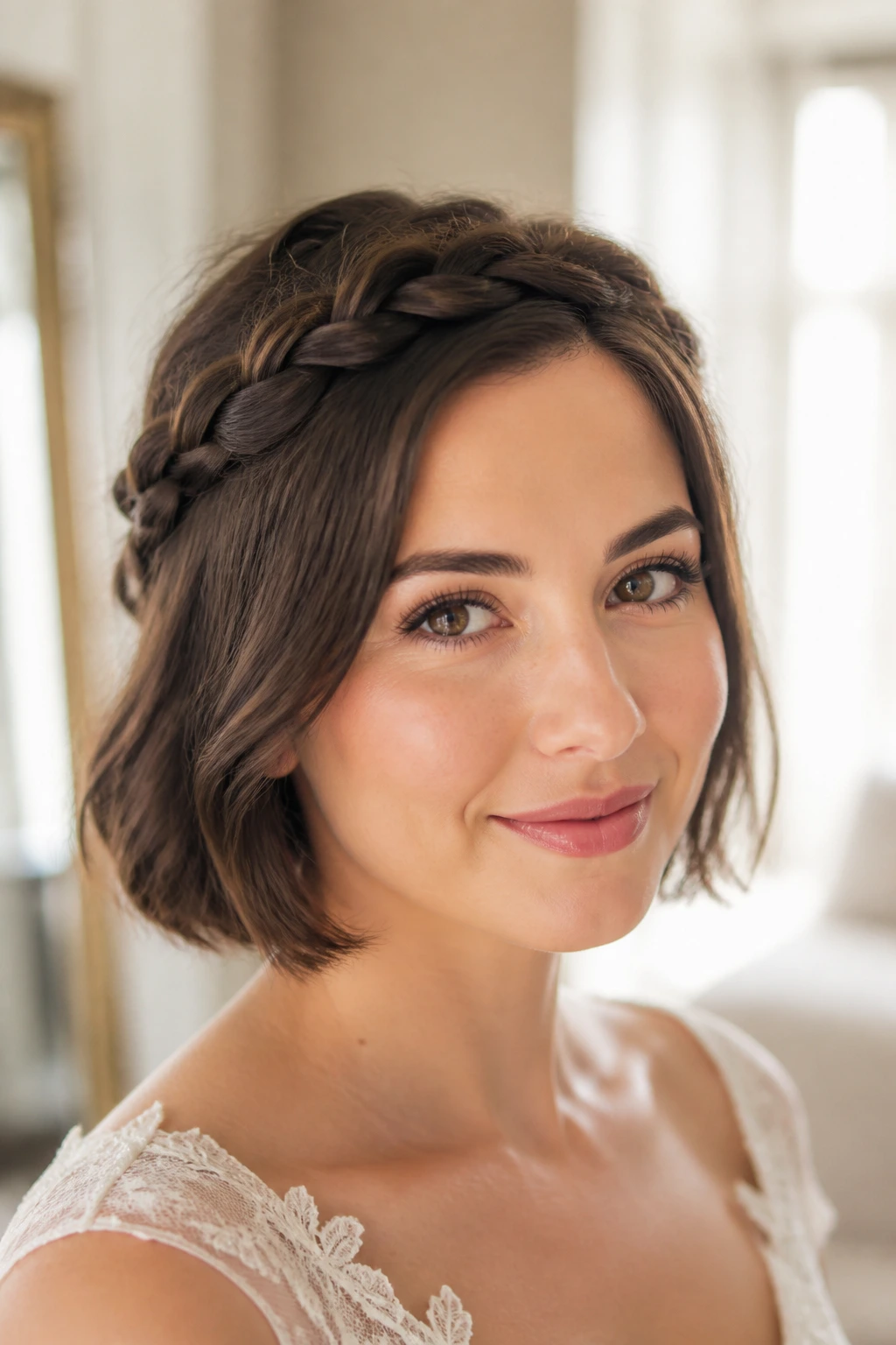 Chin-length bob with a braided crown on a real bride