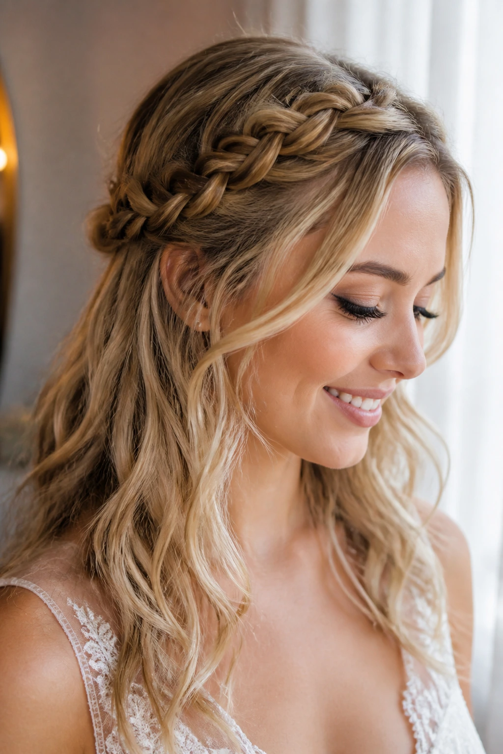 Close-up of a real bride with a braided crown and undone ends.