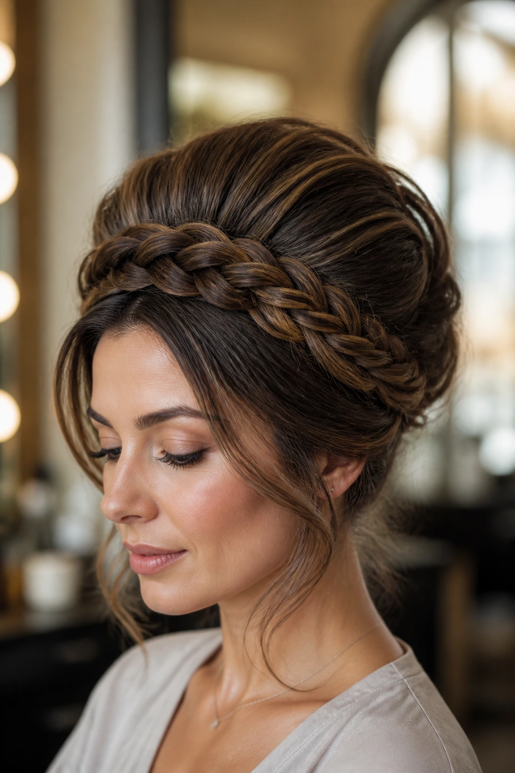 Close-up portrait of a real woman with braided crown bouffant hairstyle, halo braid around lifted crown