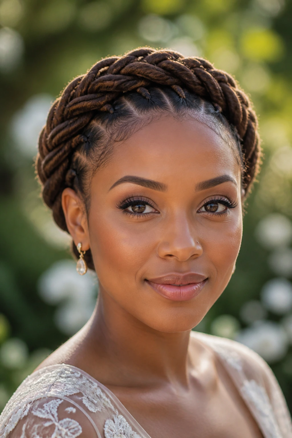 Close-up of a bride wearing a braided crown circling the hairline in warm outdoor light
