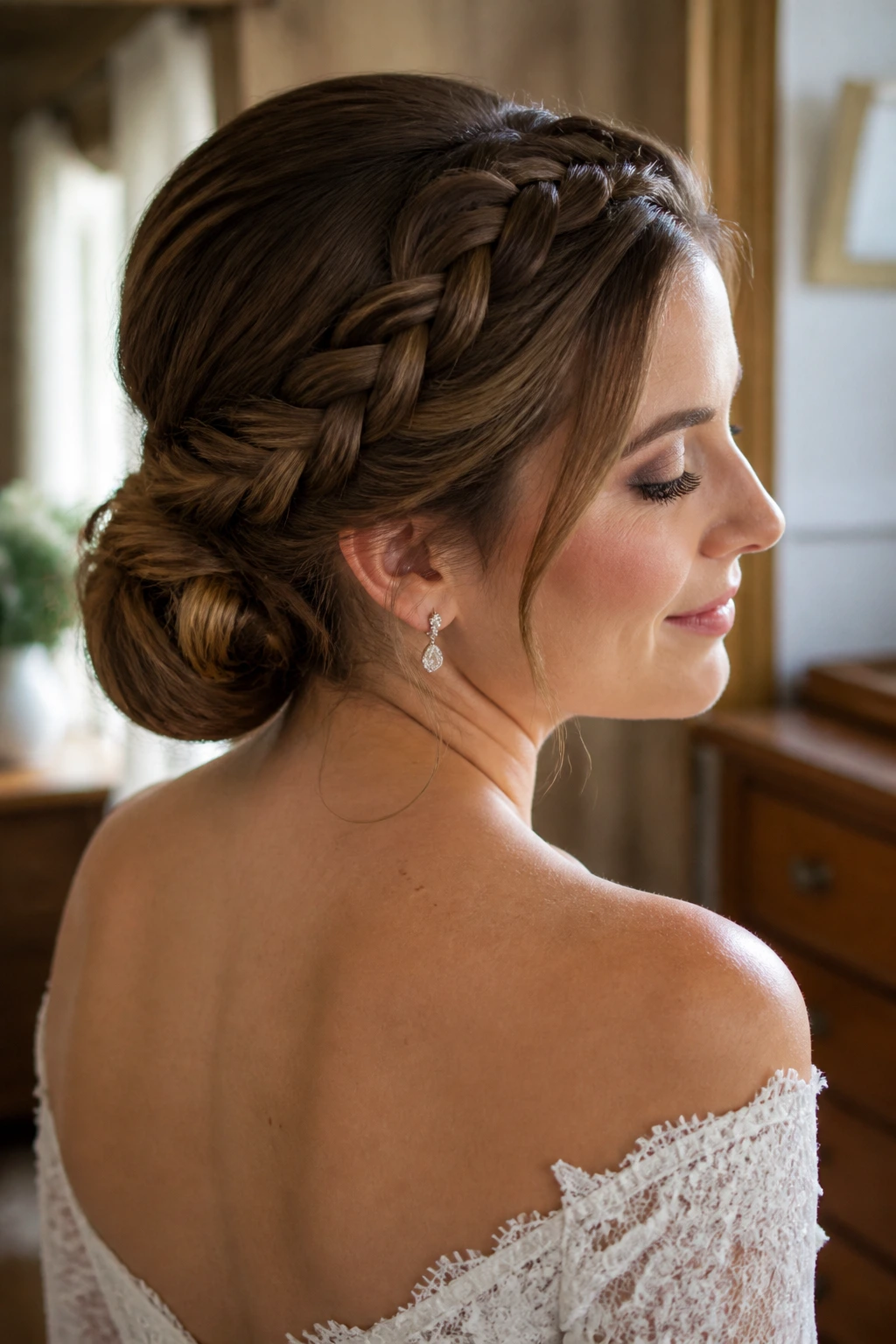 Bride with braided crown and low coil.