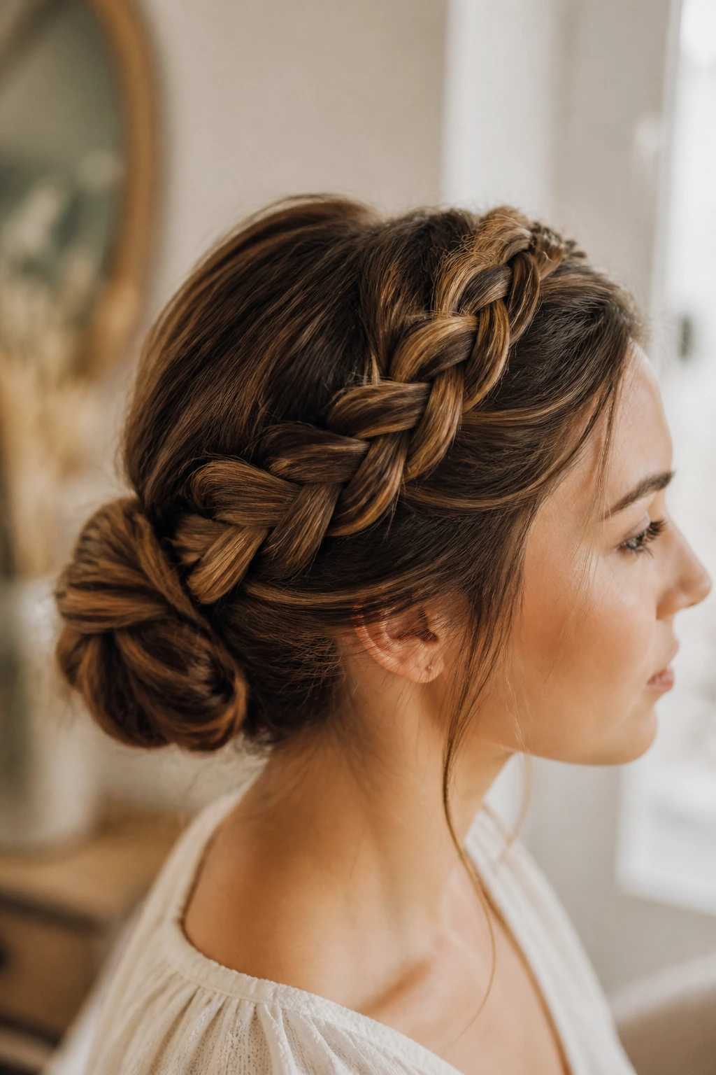 Close-up of a real woman wearing a crown braid and bun