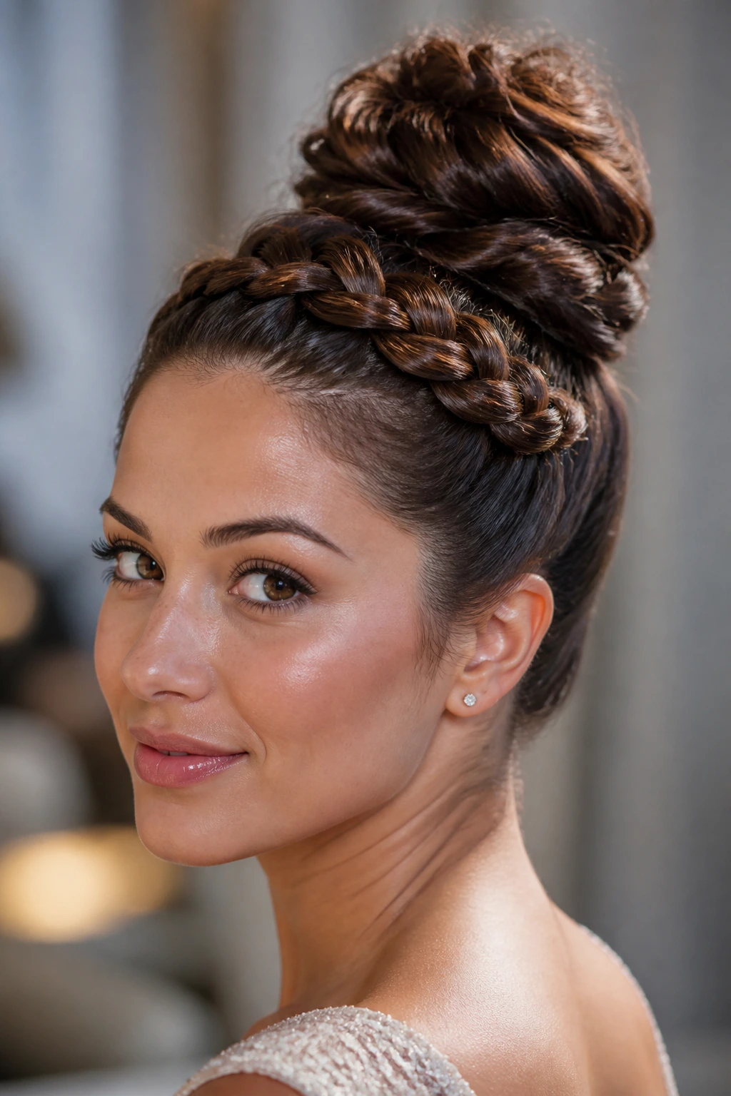 Three-quarter portrait of a real woman with a braided crown leading into a high bun.