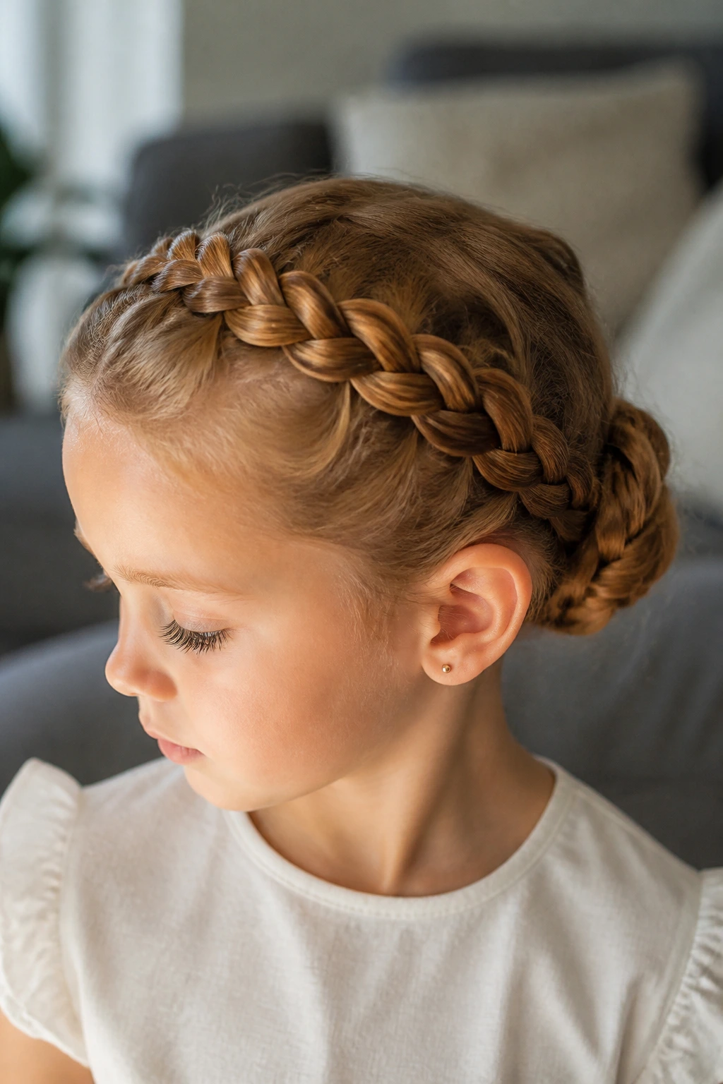 Girl with braided crown braid forming a bun at the back