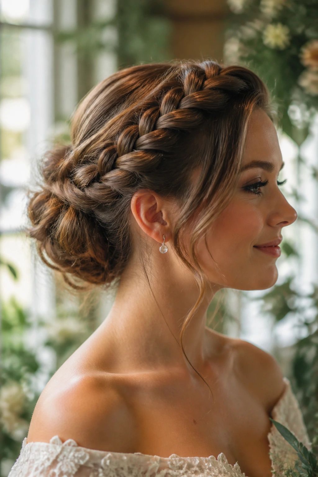 Bride wearing a braided crown bun