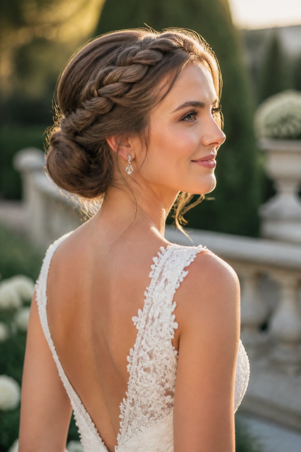 Bride with braided low crown bun showing crown braid around head into low bun