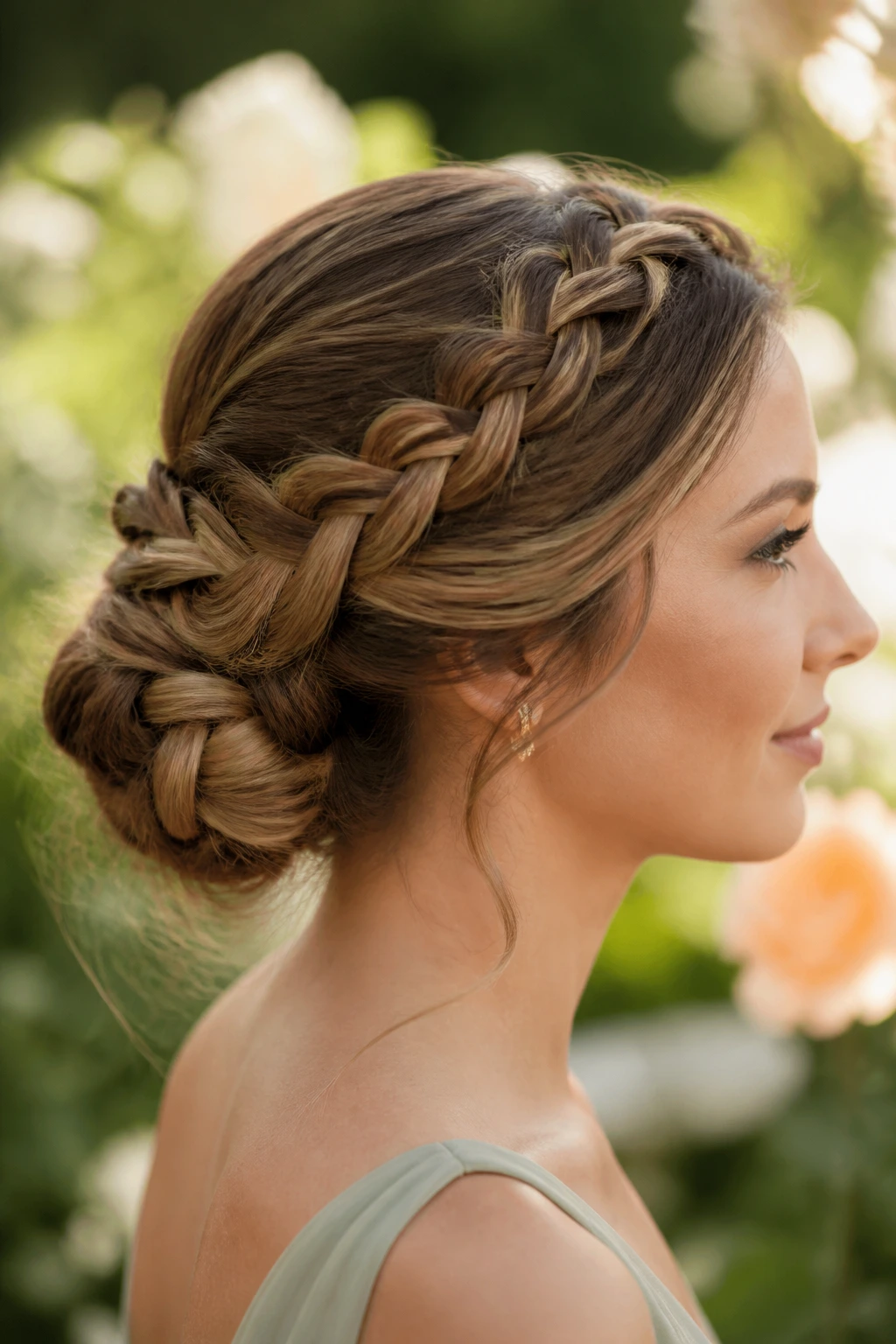 Profile of real woman with braided crown into low bun outdoors