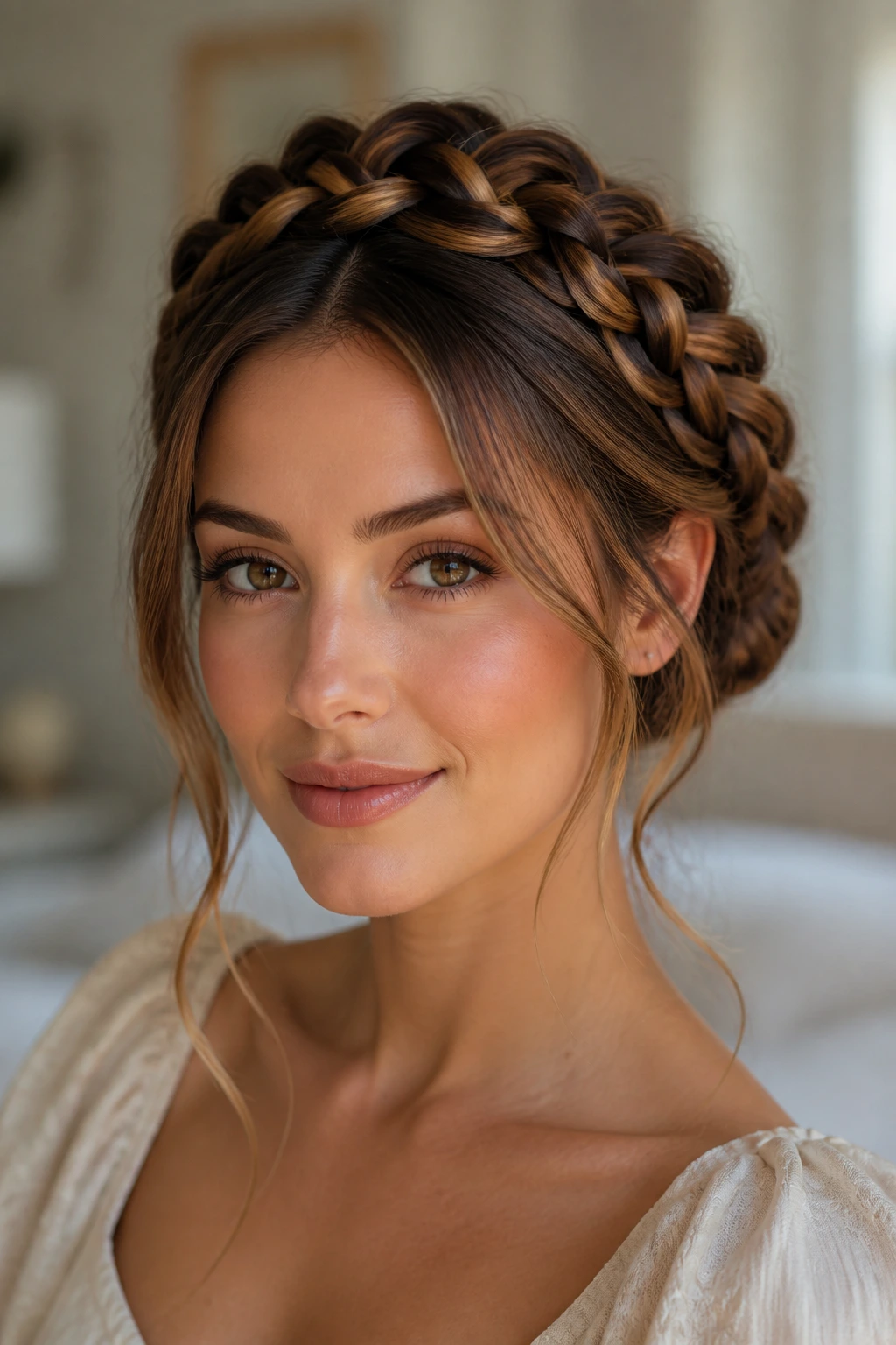 Close-up of a real person wearing a braided crown bun with soft waves.