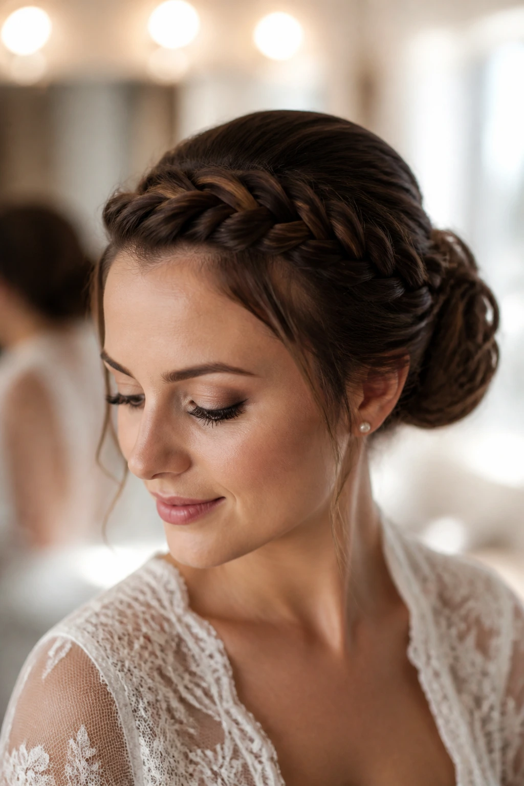 Close-up of a woman with a braided crown around the head and a bun at the back