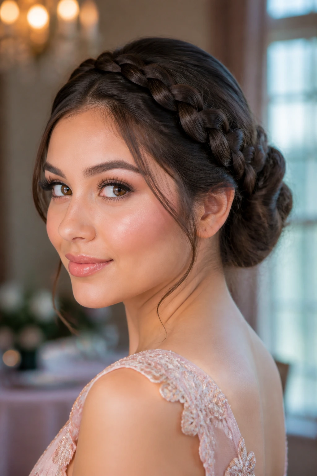 Real person with braided crown leading into a low bun