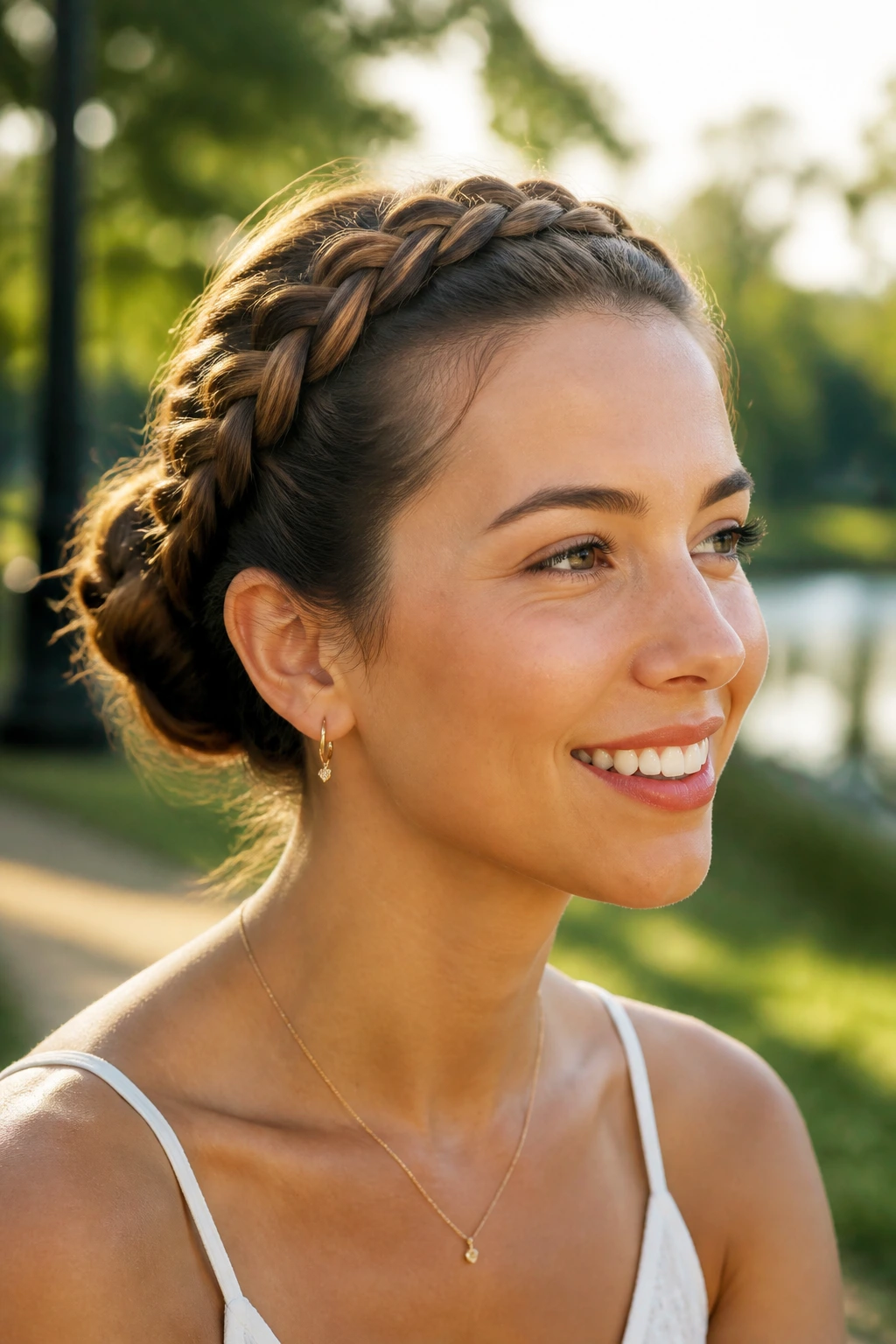 Real woman with braided crown bun keeping hair off the face.