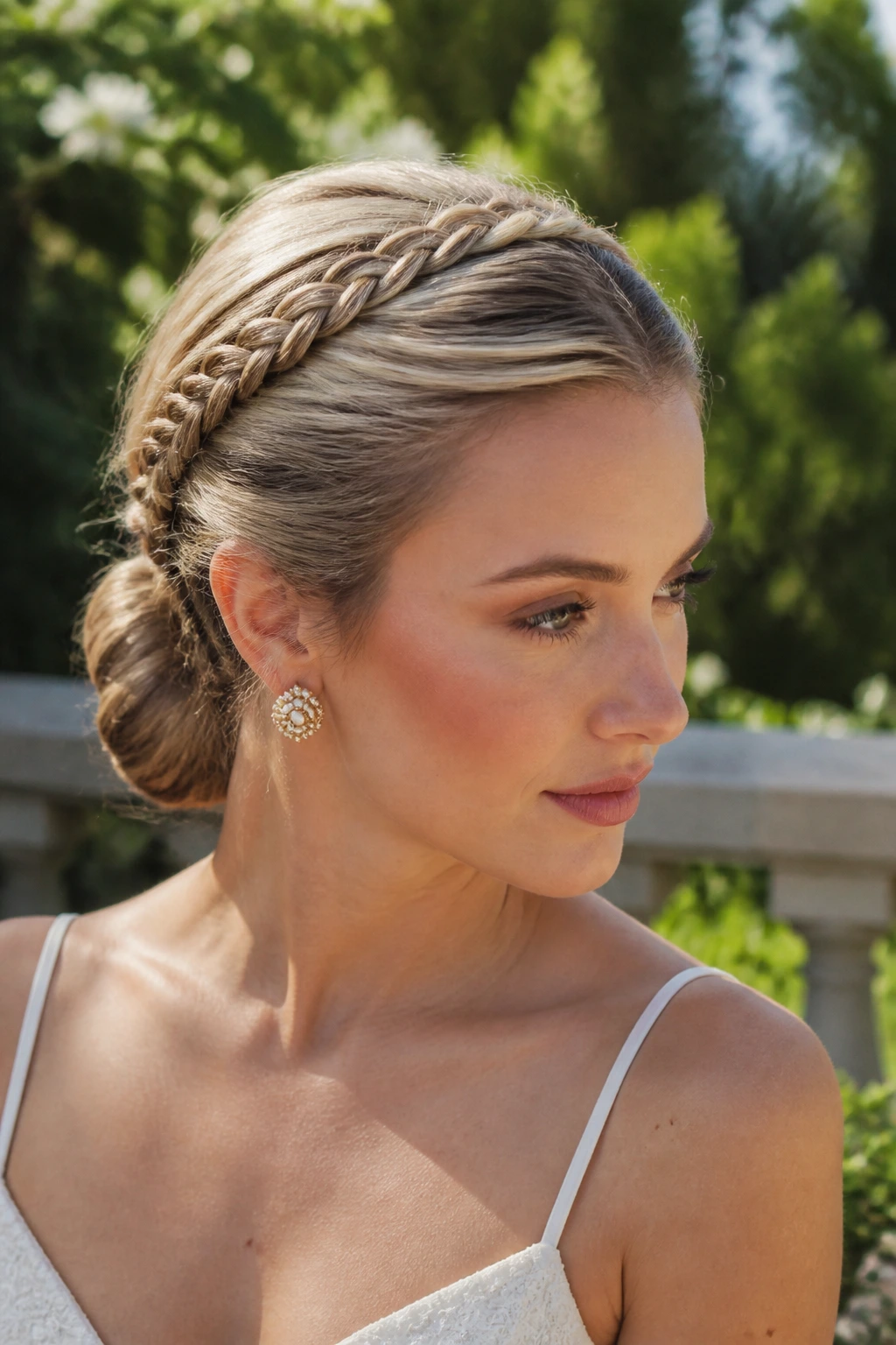 Close-up of a real woman with a braided crown low bun