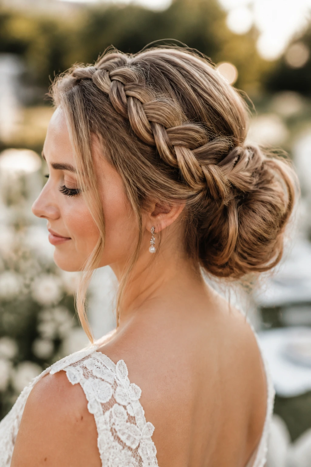 Close-up of a real bride showing a crown braid blending into a low bun in a garden setting