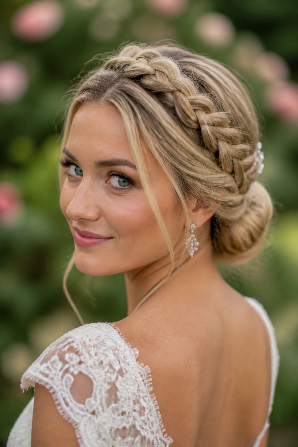 Bride with braided crown flowing into a low bun