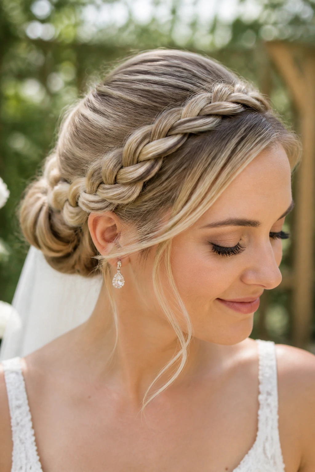 Close-up of Braided Crown Bun on a real bride with crown braid framing the head