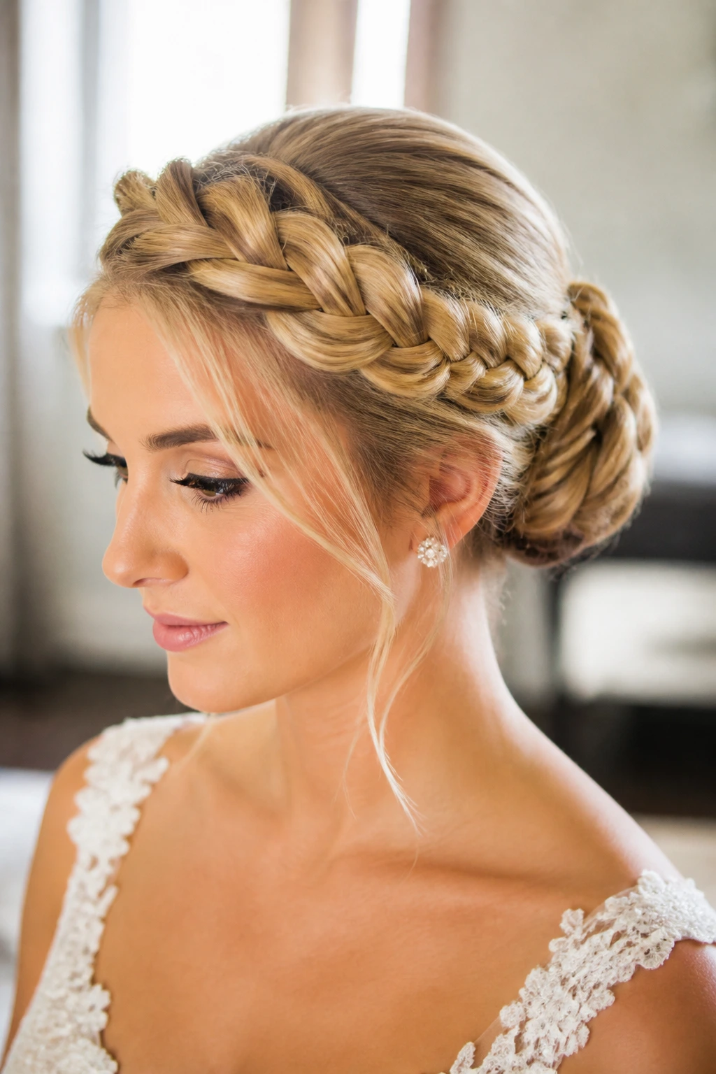 Real-bride close-up with braided crown bun and crown framing the head