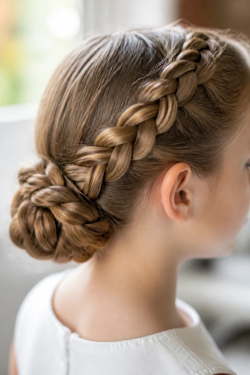 Close-up of braided crown leading into a low bun