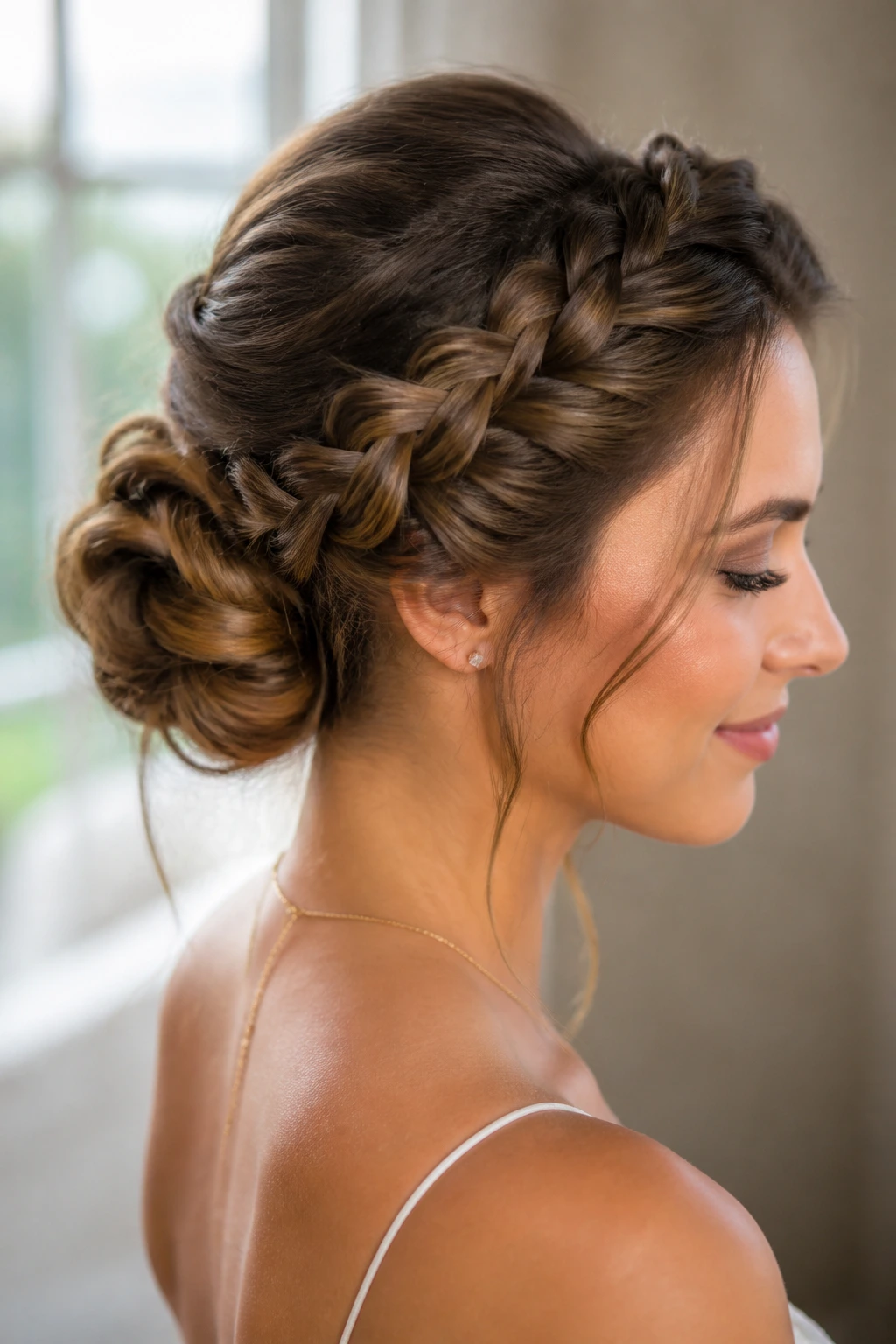 Close-up of a person wearing a braided crown bun