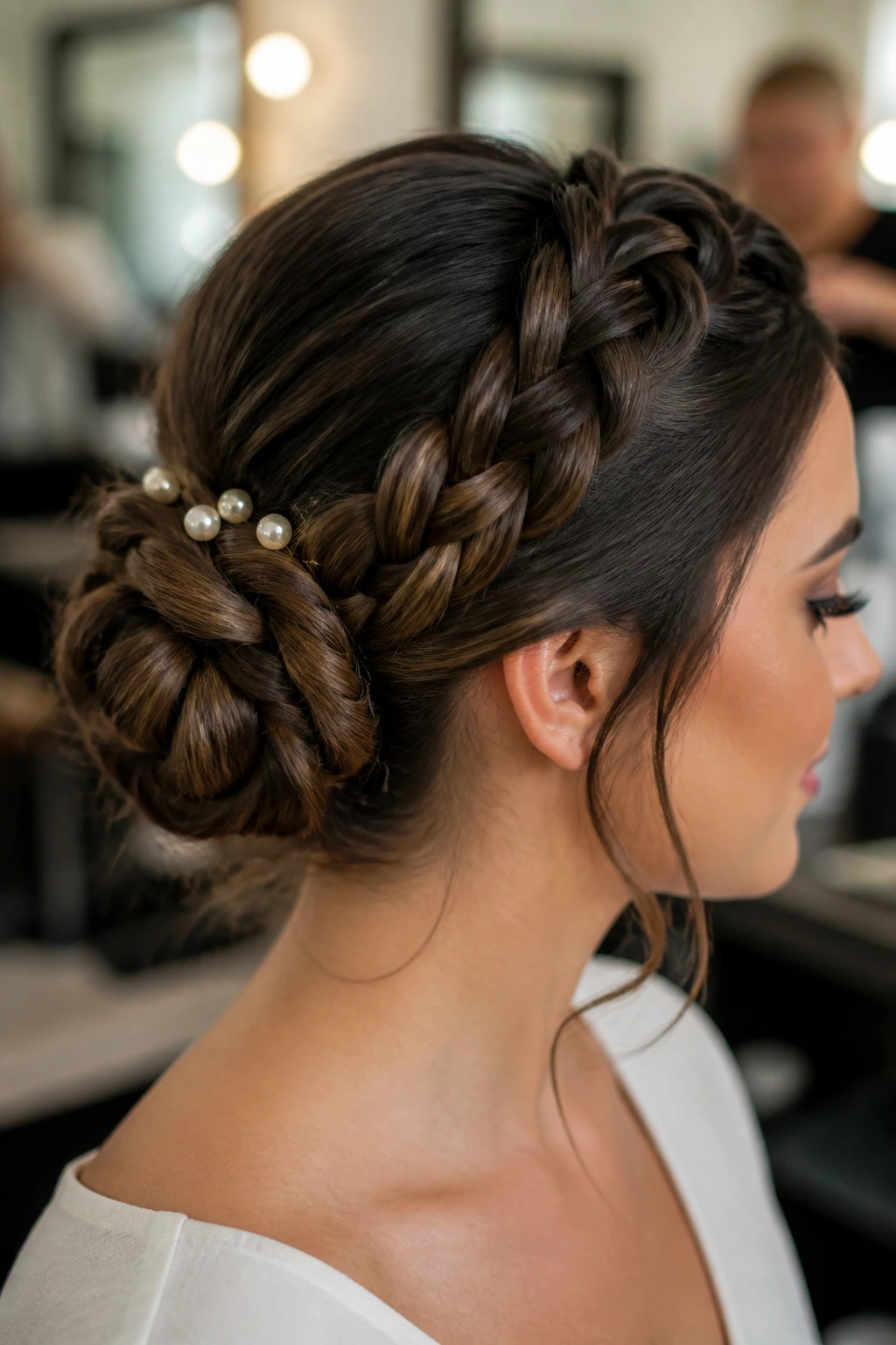 Close-up of a woman with a braided crown bun secured at the back