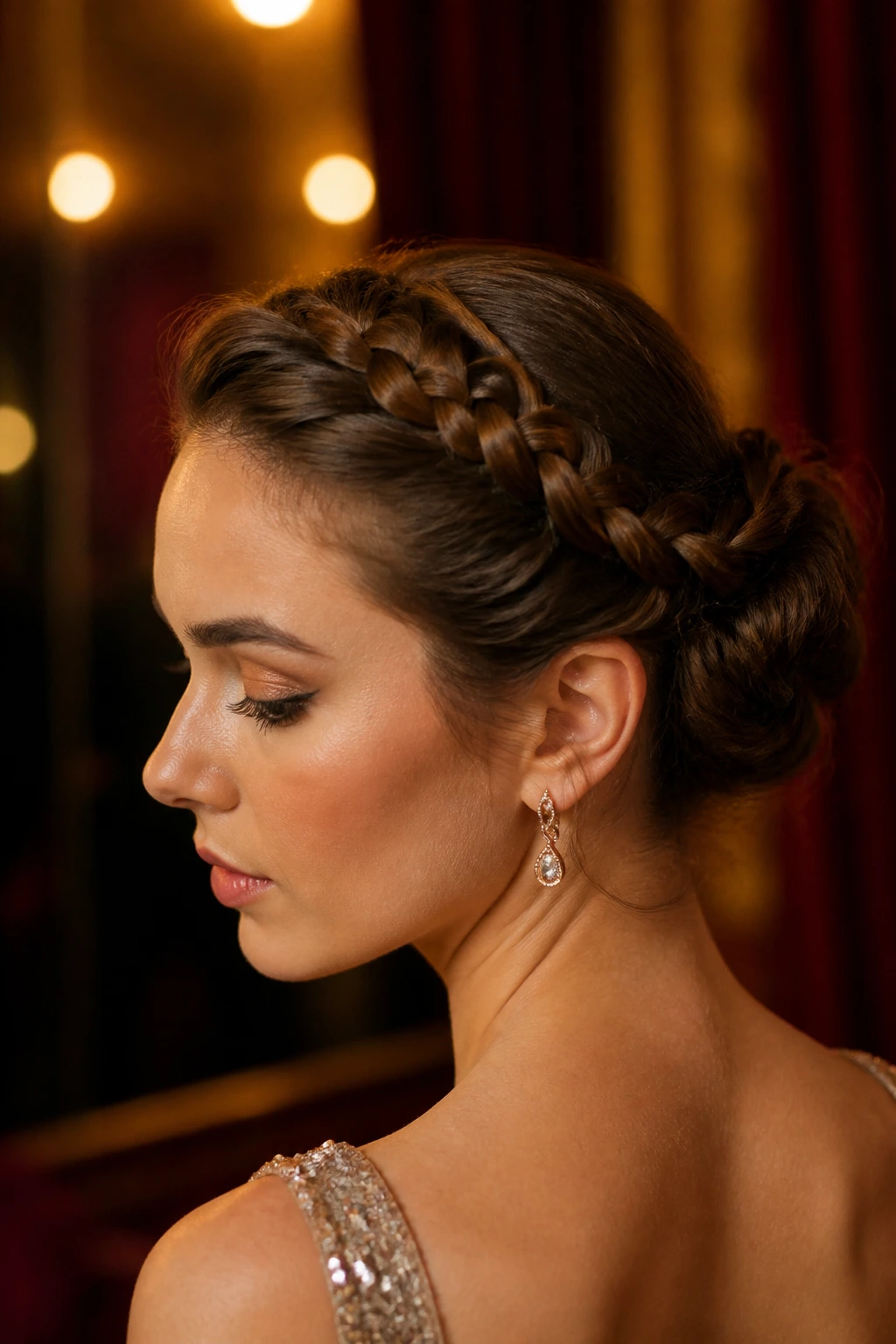 Close-up of a woman wearing a braided crown bun with a relaxed braid around the hairline