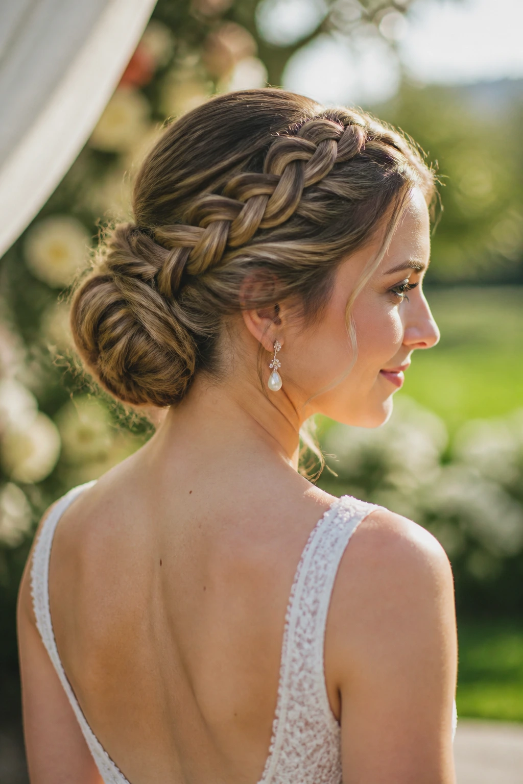 Bride wearing crown braid leading to a low tucked bun in garden light