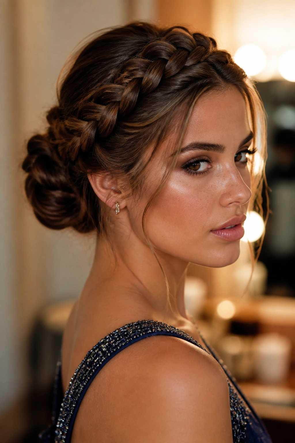 Close-up of braided crown framing a compact bun on a real person