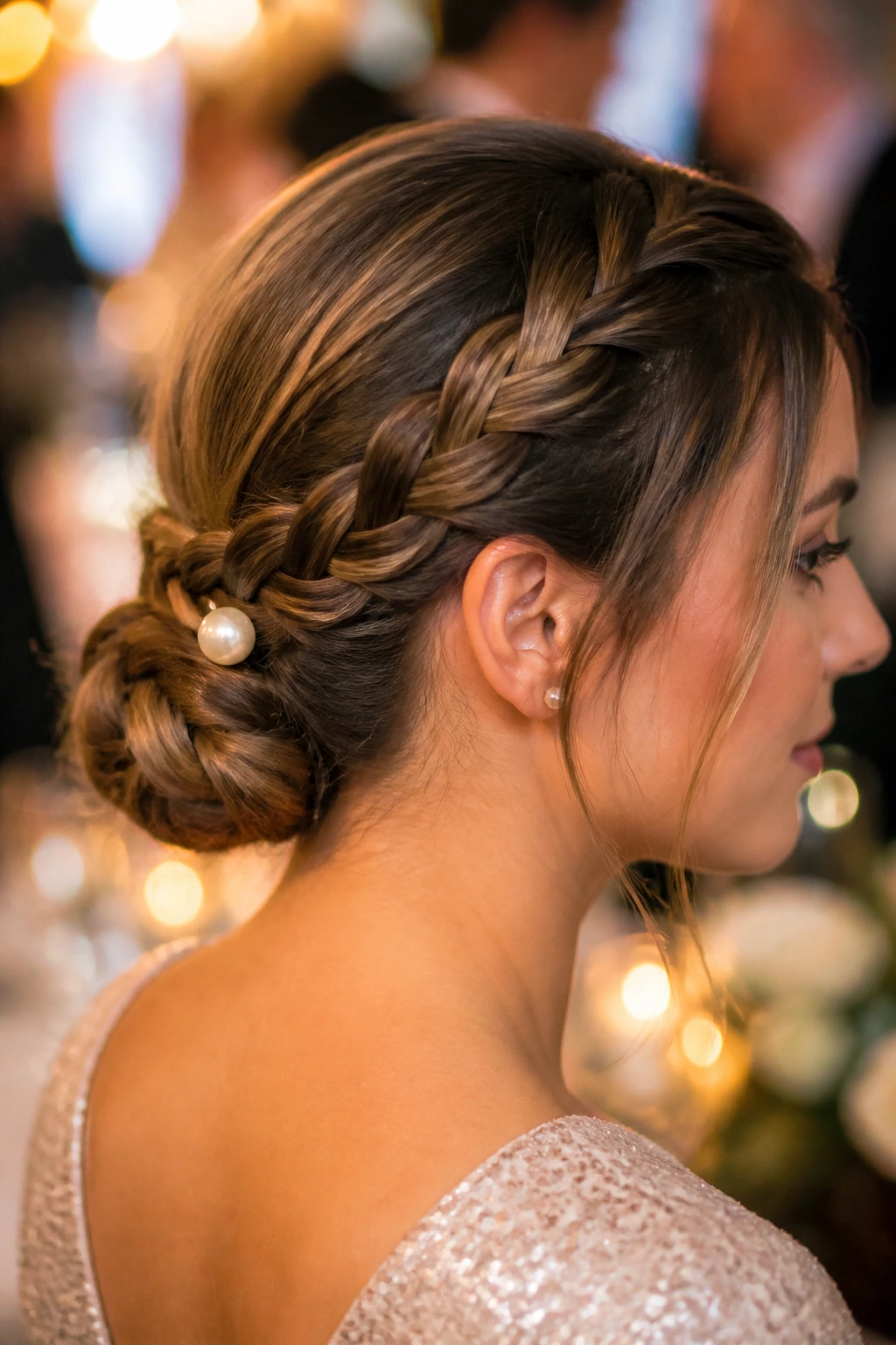 Close-up of a woman wearing a braided crown bun