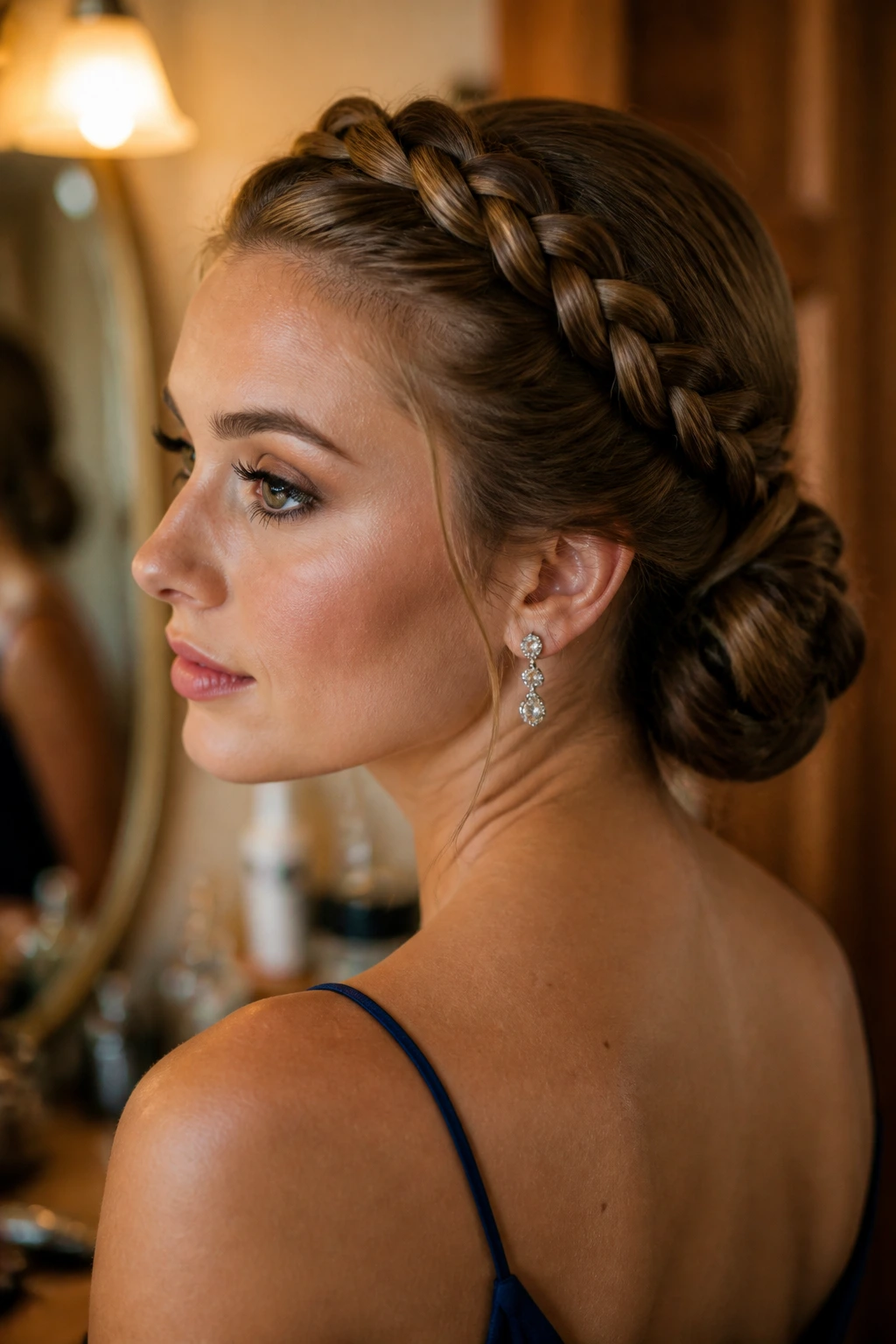 Close-up three-quarter view of real person with crown braid into a low bun