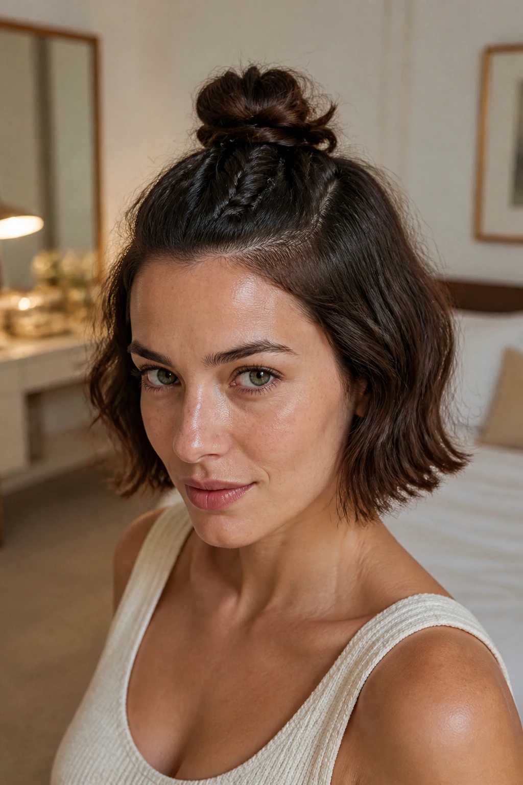 Close-up of a real woman with a braided mini bun at the crown.