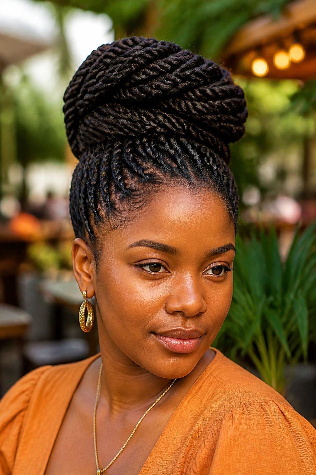 Portrait of a real woman with a braided crown bun made of twists