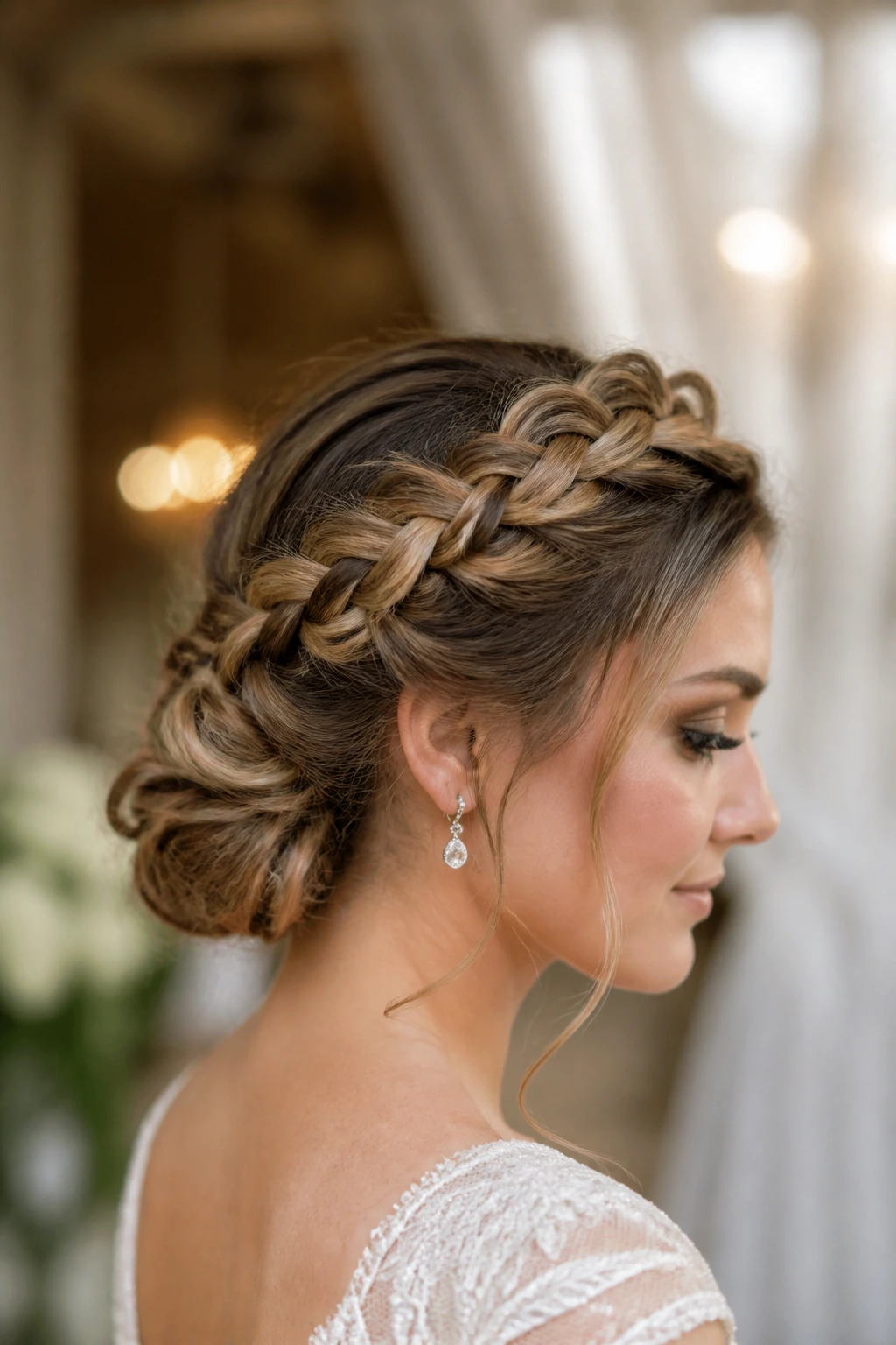 Close-up of a real bride with braided crown bun