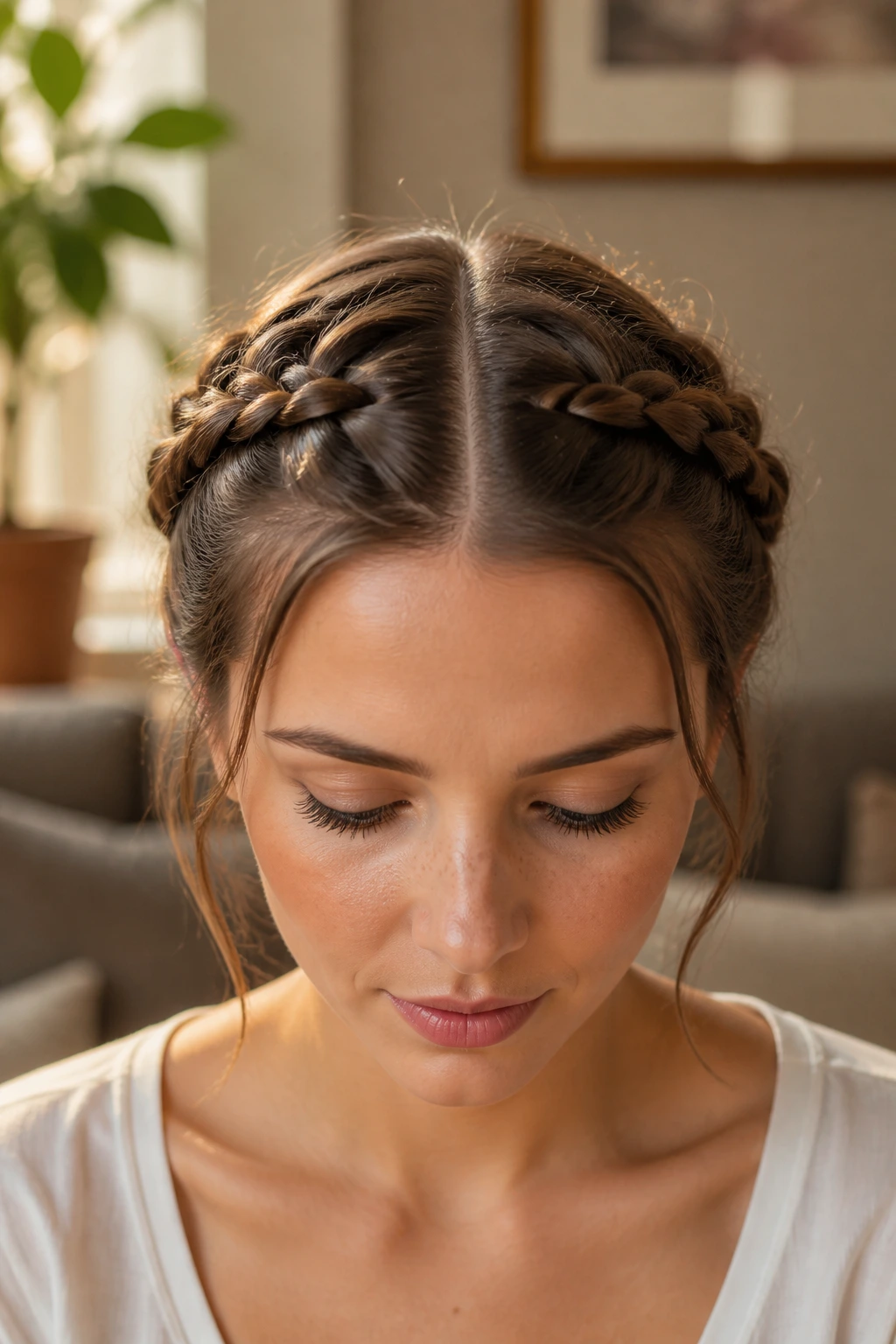Close-up of a real person wearing a braided crown with a clean center part