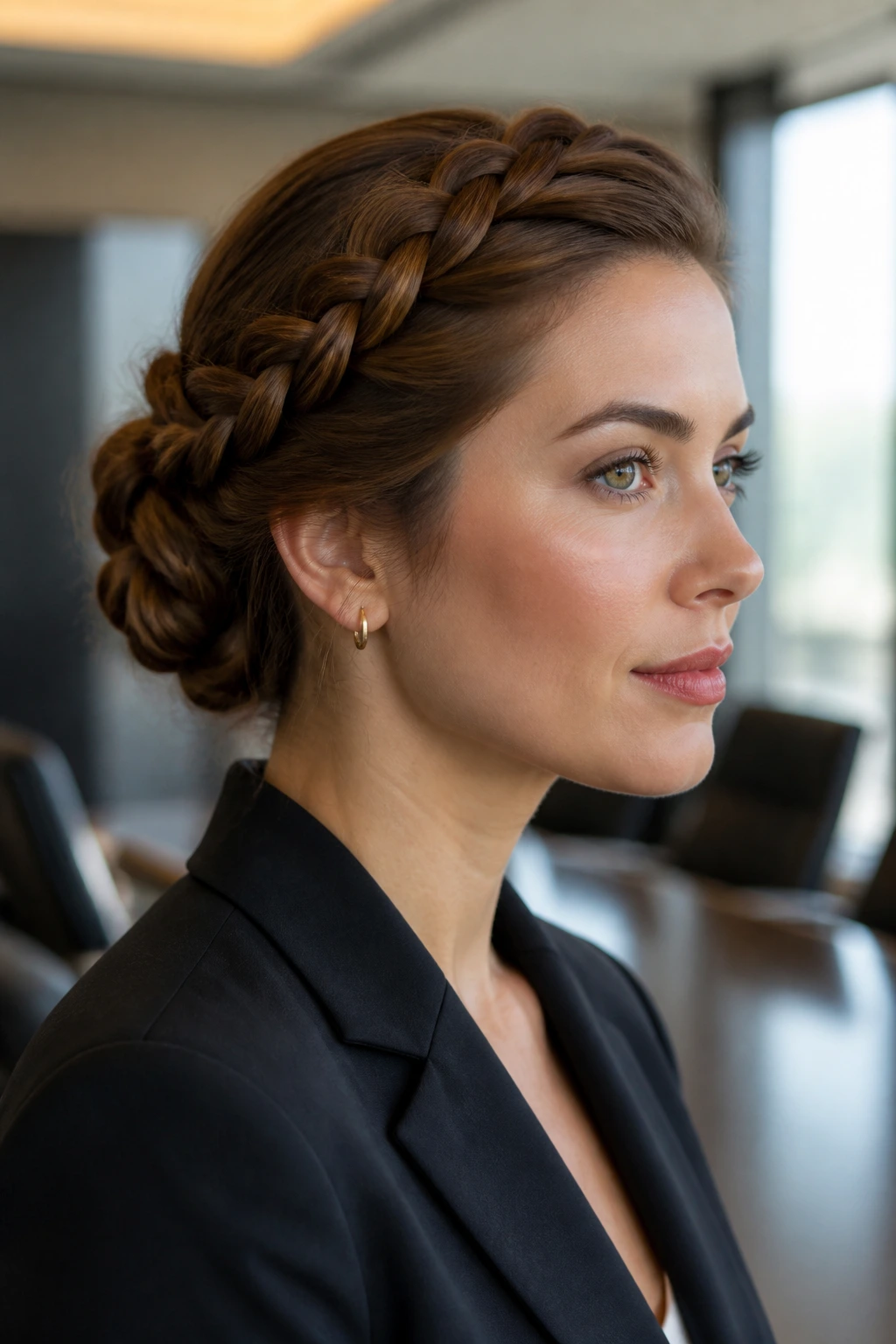 Close-up portrait of a real woman with a braided crown into a chignon