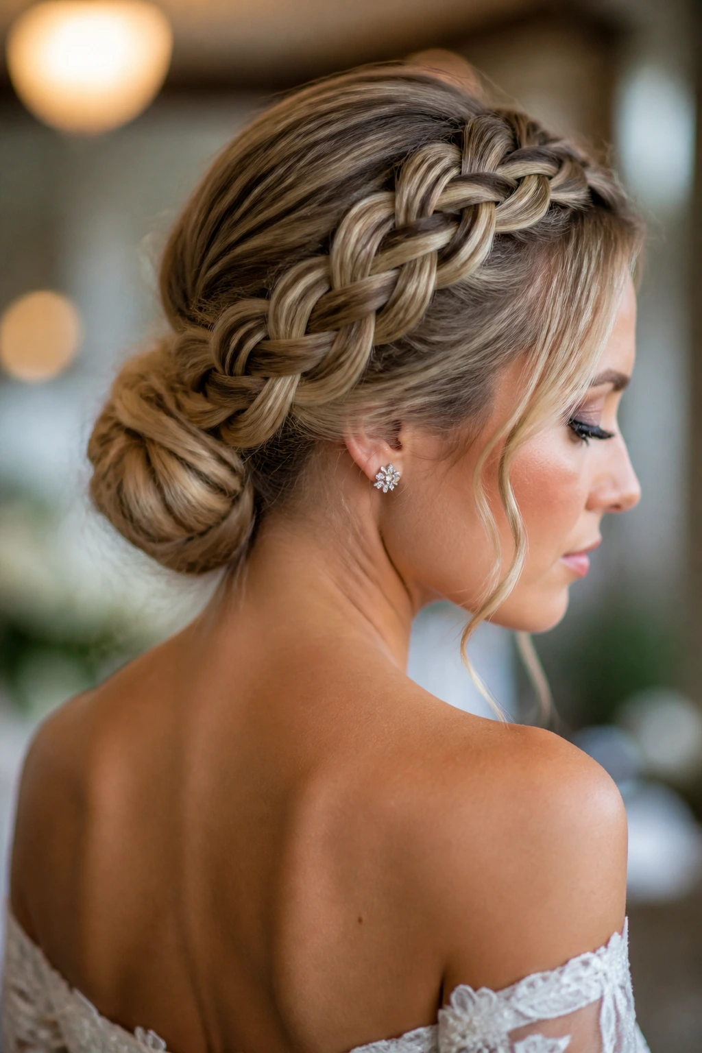 Bride with braided crown chignon from side