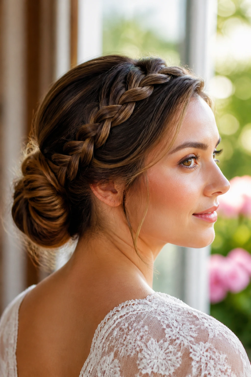 Close-up portrait of a real woman with a braided crown chignon