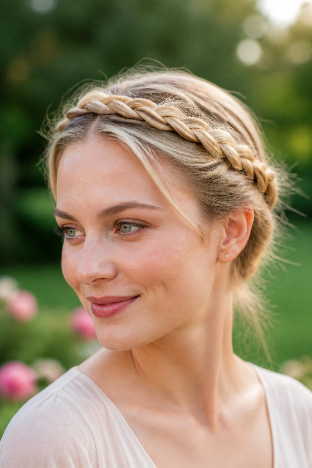 Real woman wearing a braided crown with tucked ends, outdoor soft light