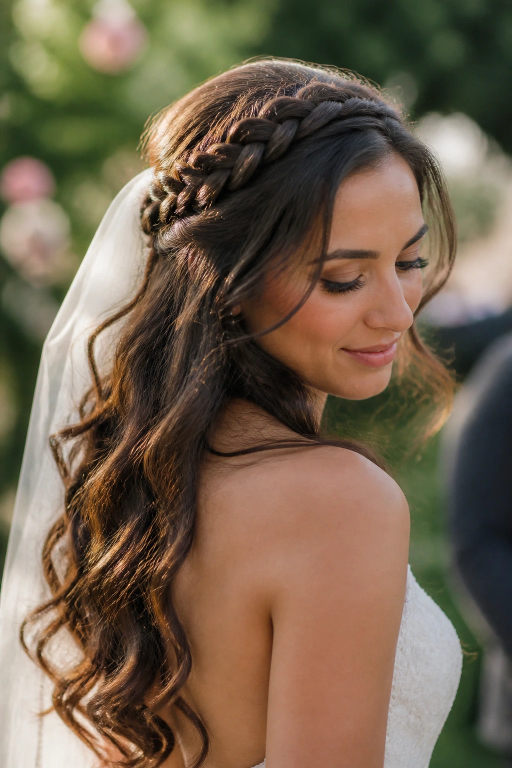 Close-up of a real bride with a braided crown and loose curls