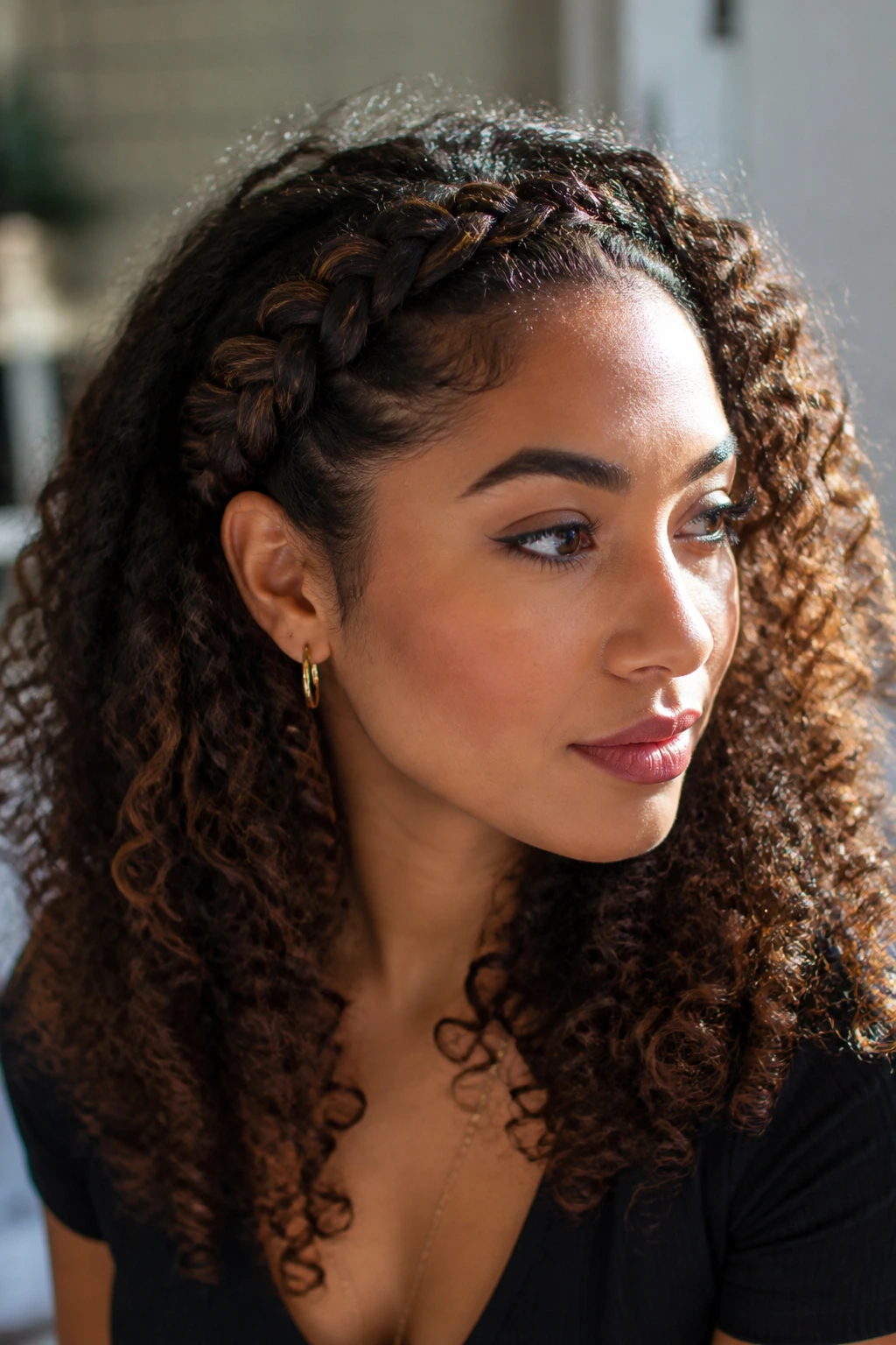 Close-up of a real woman with a braided crown and loose shoulder-length curls.