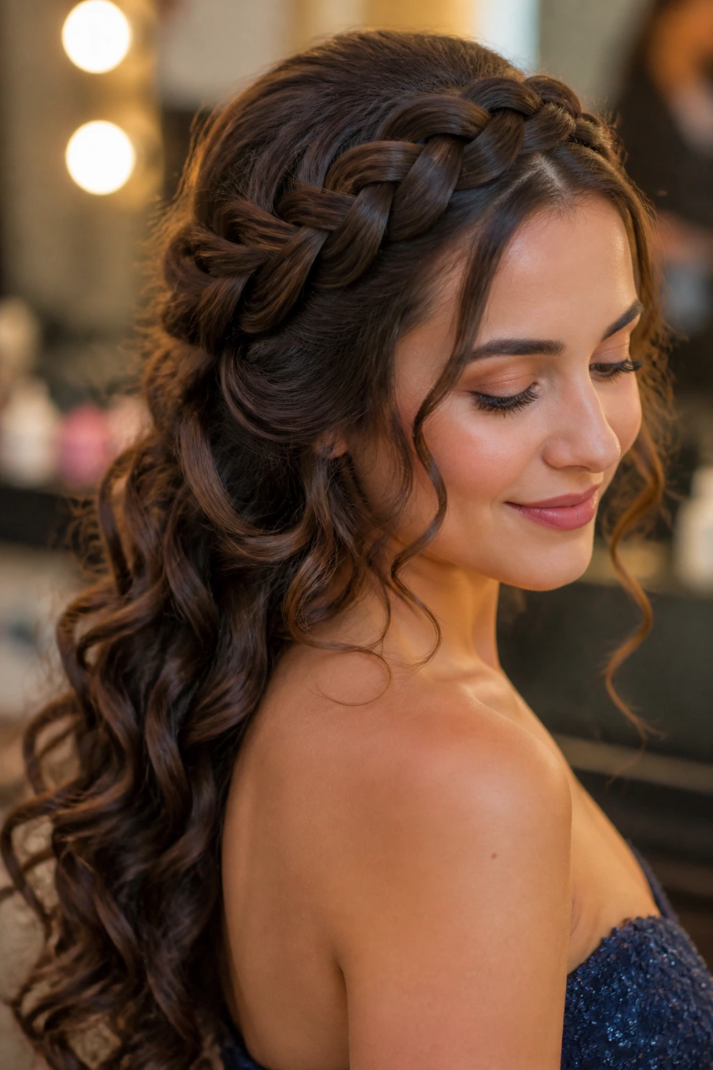 Real woman with a braided crown over soft curl cascade