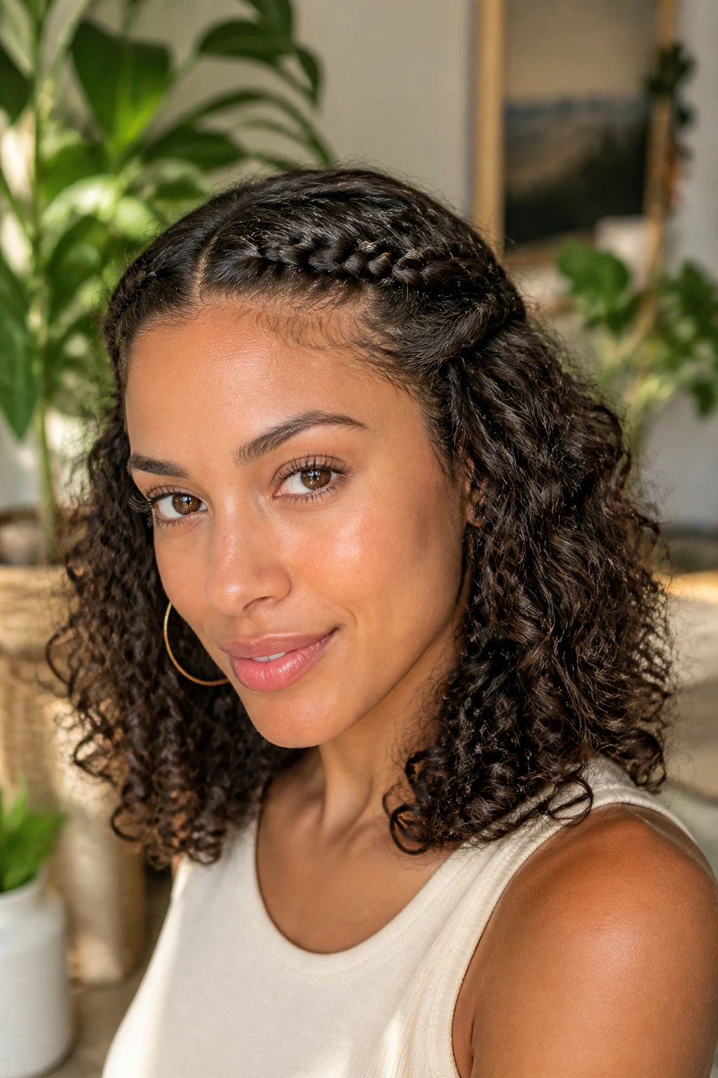 Close-up of a real woman with braided crown pieces and curly ends left free