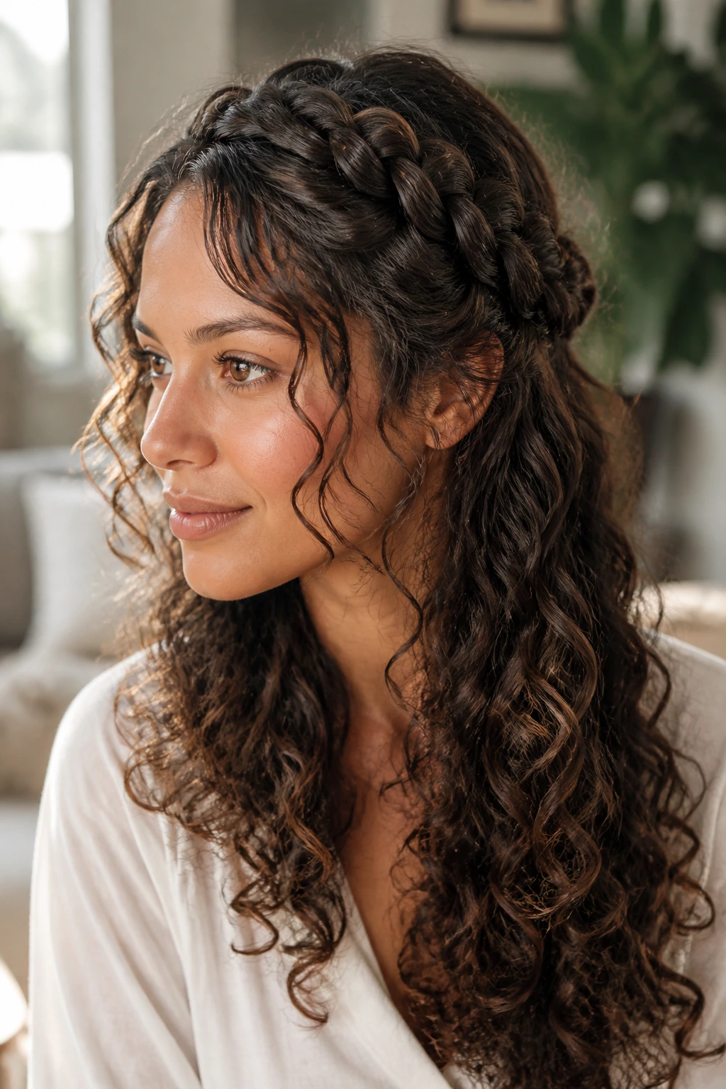 Real person wearing braided crown variation in a sunlit living space