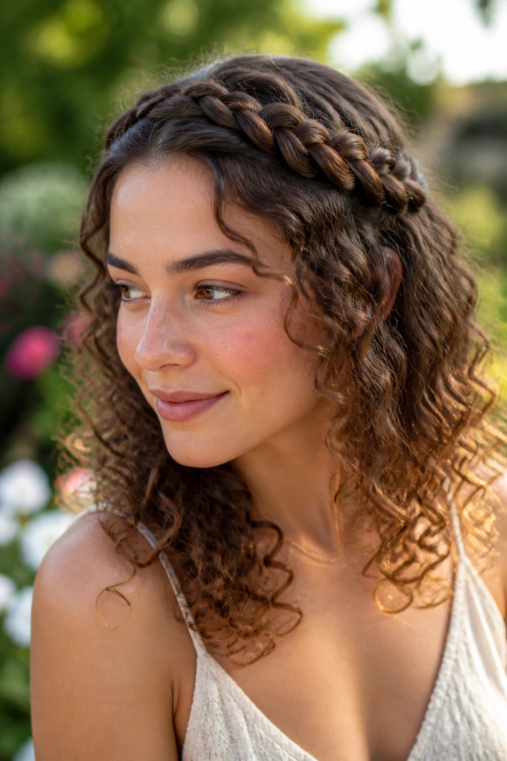 Real person with curly hair wearing a crown braid.