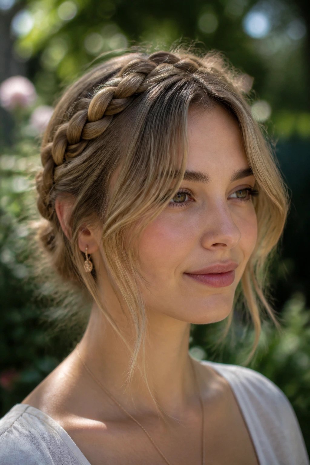 Real woman wearing braided crown with soft curtain fringe in sunlight