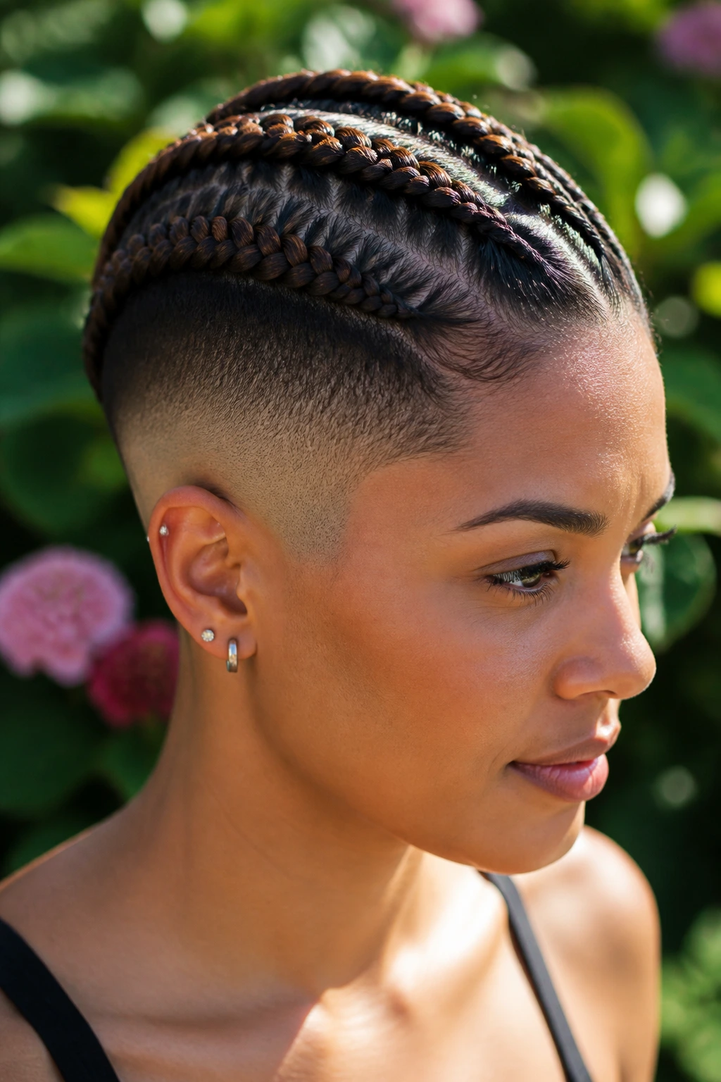 Close-up portrait of a real person with a braided crown side fade in a garden setting.
