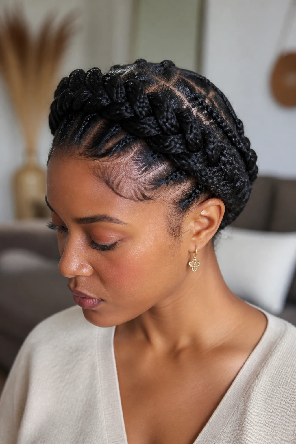 Portrait of a real person with a braided crown faux locs encircling the head