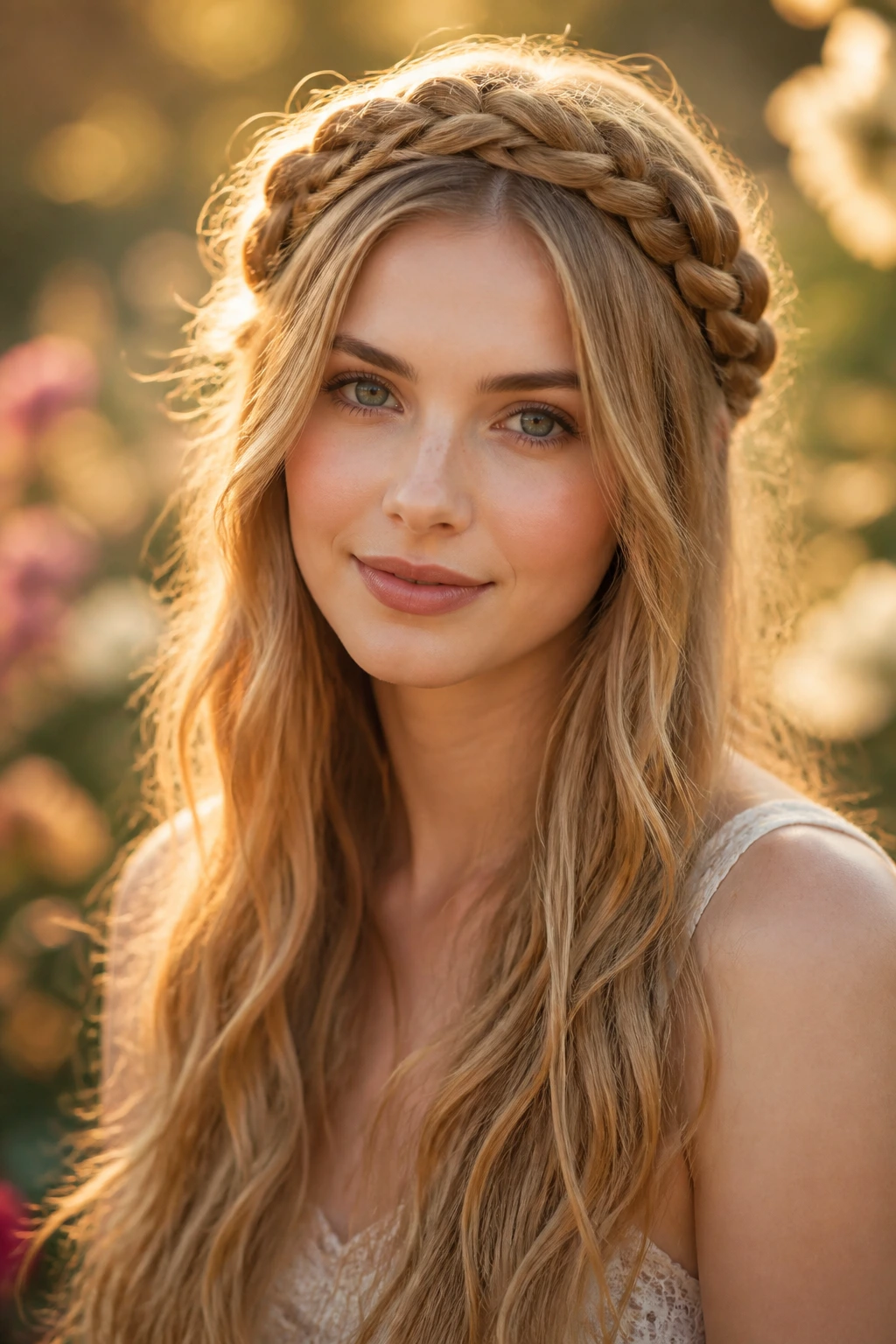 Portrait of a real woman with braided crown and free-falling lengths