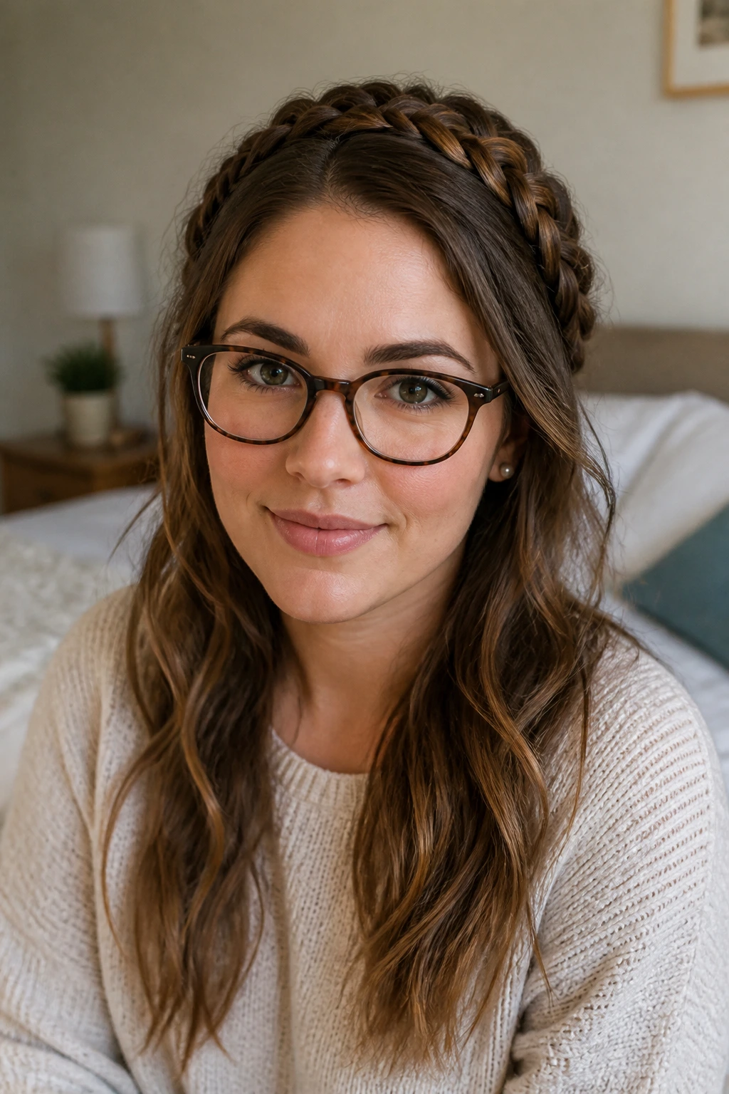 Close-up portrait of a real woman wearing glasses with a braided crown and loose ends.