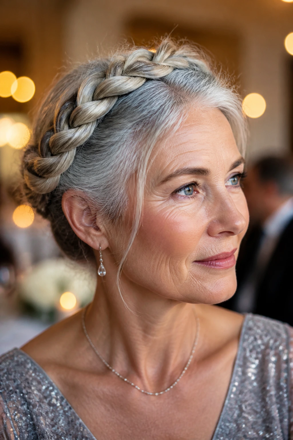Portrait of a gray-haired woman with a braided crown updo