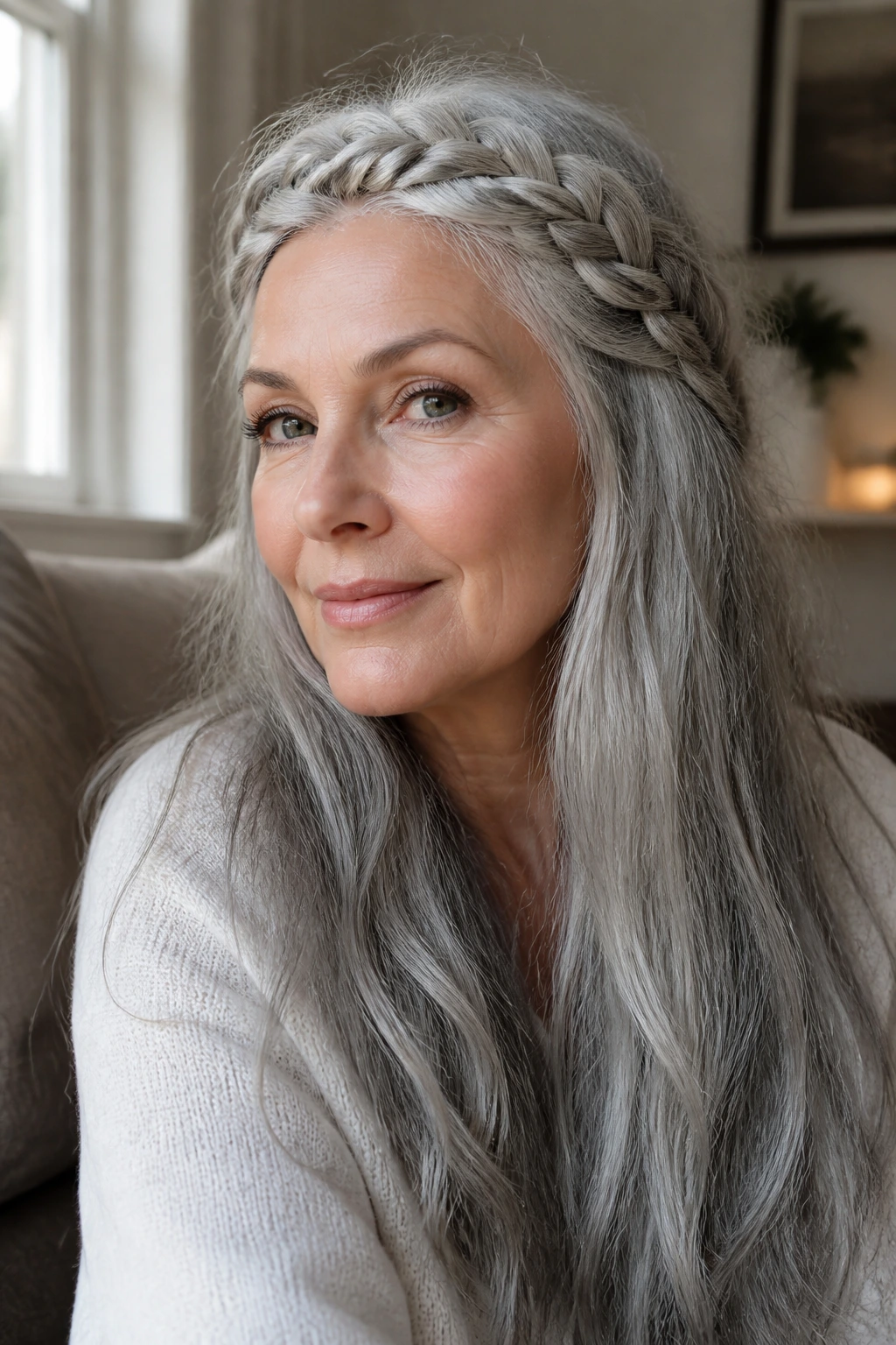 Close-up of a real woman with a loose braided crown on long gray hair