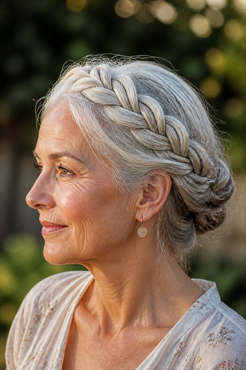 Real woman with braided crown updo in gray hair outdoors